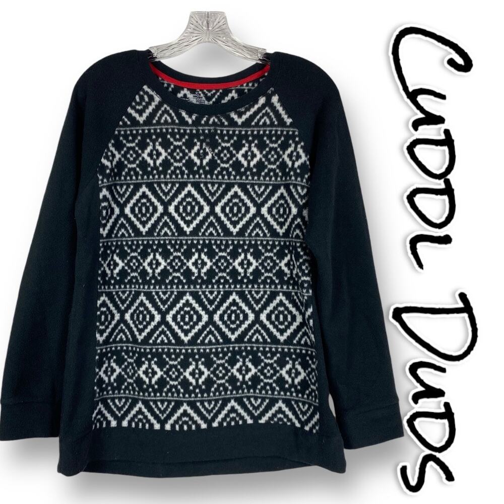 Cuddl Duds Black and White Geometric Fleece Top Casual Womens Size Small